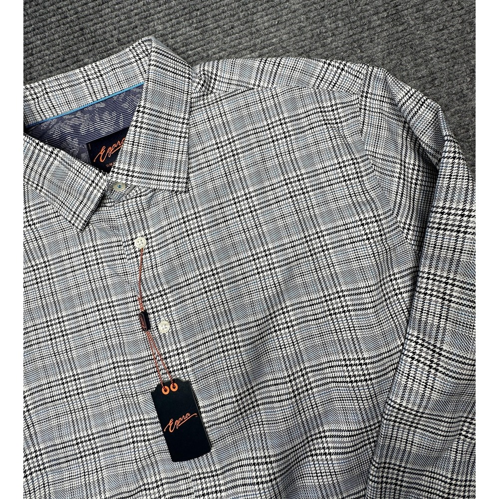 Egara Shirt Mens 2XL Gray Blue Plaid Stretch Non Iron Long Sleeve Button Down